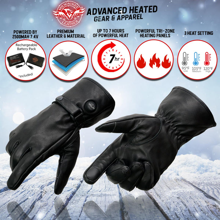 Milwaukee Leather MG7519SET Men’s Black Leather Heated Winter Gloves for Motorcycle Ski Hiking &amp; i-Touch