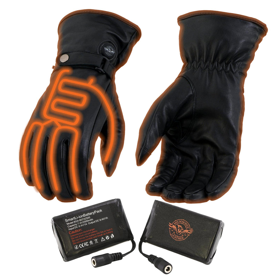 Milwaukee Leather MG7519SET Men’s Black Leather Heated Winter Gloves for Motorcycle Ski Hiking w/Battery & i-Touch
