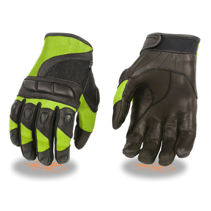 Milwaukee Leather MG7740 Women's Black Leather and Neon Green Mesh Racing Motorcycle Gloves W/ Padded Knuckle and Fingers