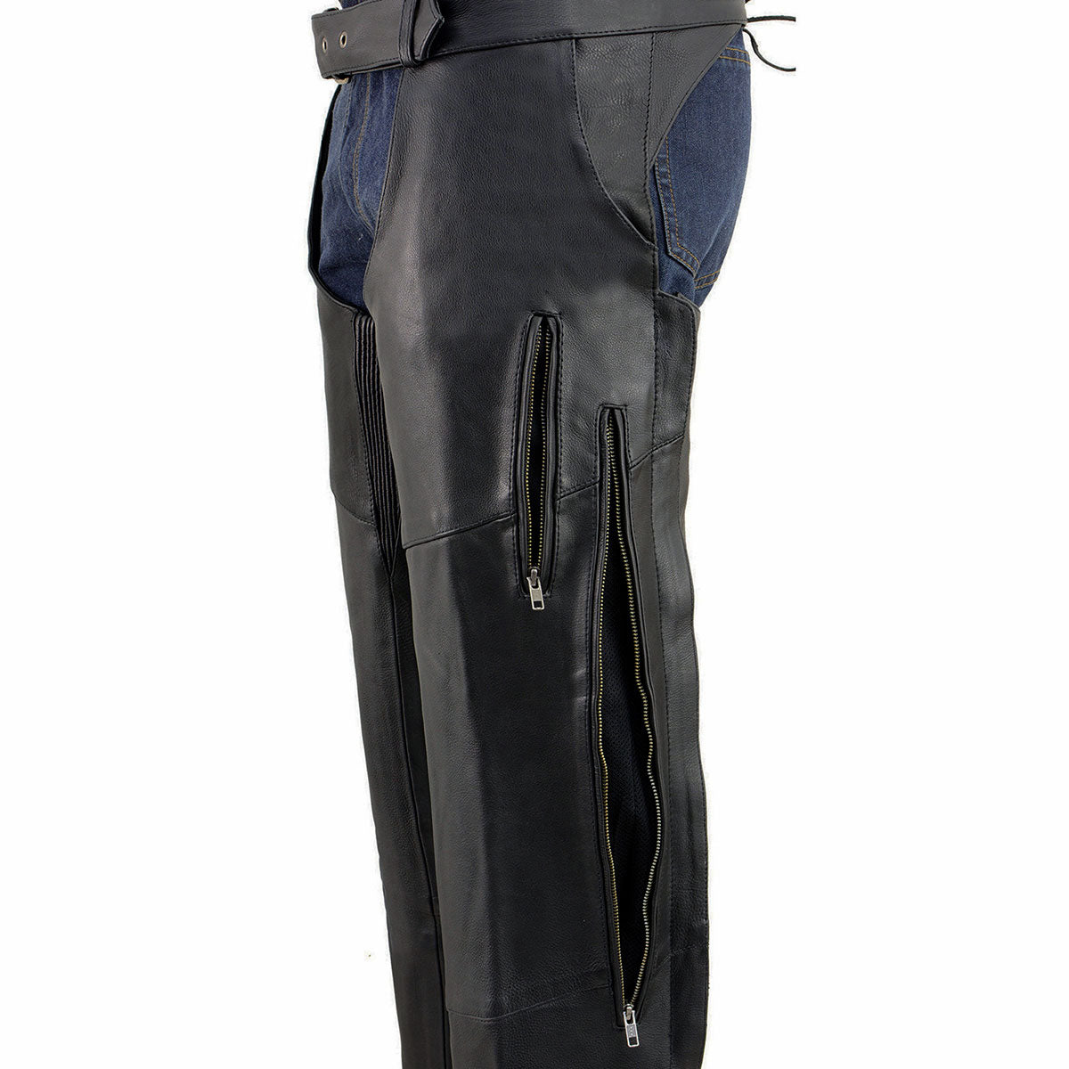 Milwaukee Leather Chaps for Men's Black Vented Premium Leather Motorcycle Chaps w/ Side Pocket-Stretch Thigh-ML1129