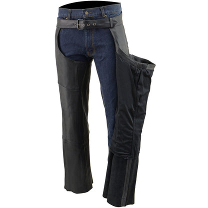 Milwaukee Leather Chaps for Men's Black Vented Premium Leather Motorcycle Chaps w/ Side Pocket-Stretch Thigh-ML1129