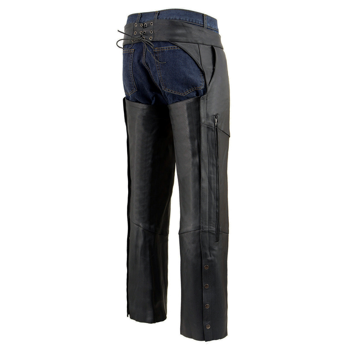 Milwaukee Leather Chaps for Men's Black Vented Premium Leather Motorcycle Chaps w/ Side Pocket-Stretch Thigh-ML1129