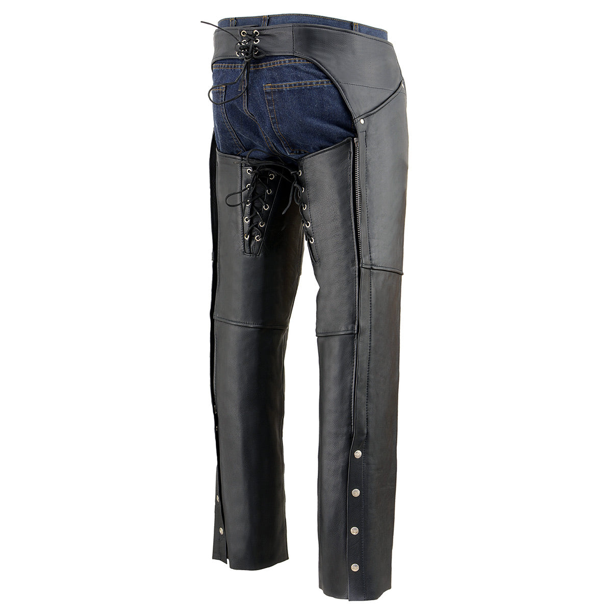 Milwaukee Leather Chaps for Women Black Premium Skin - Deep Hip Pockets Back Thigh Laces Motorcycle Chap - SH1173