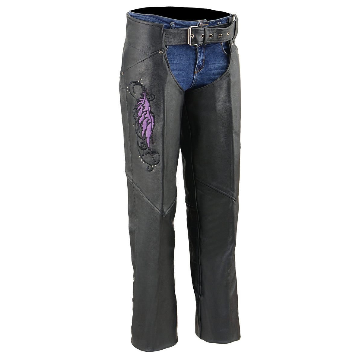 Milwaukee Leather Women's Classic Black Premium Leather Motorcycle Chaps w/ Purple Wing Embroidery-ML1179