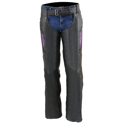 Milwaukee Leather Women's Classic Black Premium Leather Motorcycle Chaps w/ Purple Wing Embroidery-ML1179