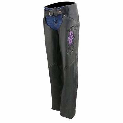 Milwaukee Leather Women's Classic Black Premium Leather Motorcycle Chaps w/ Purple Wing Embroidery-ML1179