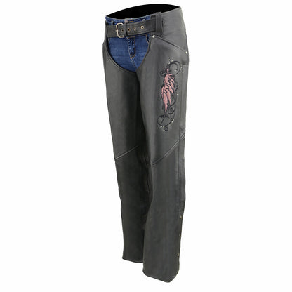 Milwaukee Leather Chaps for Women Black Naked Skin- Classic Black with Pink Color Wing Embroidery Motorcycle Chap- ML1179