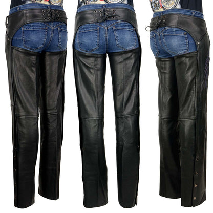 Milwaukee Leather ML1180 Women's Black Leather Chaps with Reflective Wing Detail