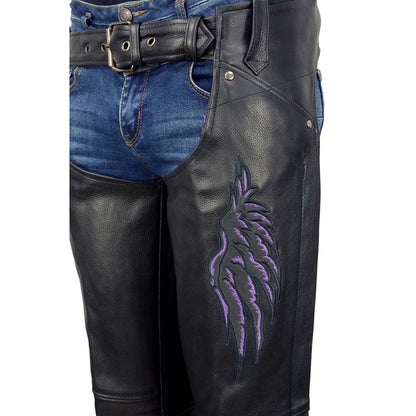 Milwaukee Leather ML1180 Women's Black Leather Chaps with Reflective Wing Detail