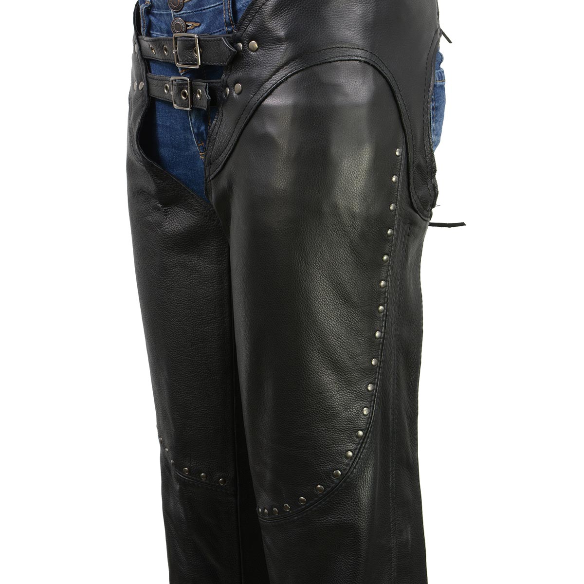 Milwaukee Leather ML1186 Women’s Black Low Rise Double Buckle Leather Chaps with Rivet Detailing