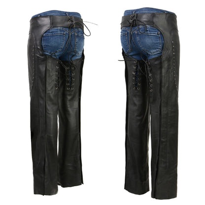 Milwaukee Leather Chaps for Women Black Low-Rise Waist- Front Double Buckle Rivet Detailing Motorcycle Chap- ML1186