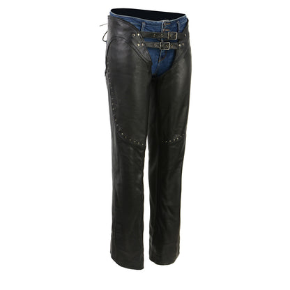 Milwaukee Leather ML1186 Women’s Black Low Rise Double Buckle Leather Chaps with Rivet Detailing