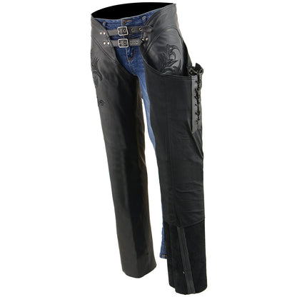 Milwaukee Leather Chaps for Women Black Low-Rise Waist- Double Buckle Reflective Embroidery Motorcycle Chap- ML1187