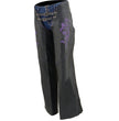 Milwaukee Leather Chaps for Women Black and Purple Low-Rise Waist- Double Buckle Reflective Embroidery Motorcycle Chap- ML1187