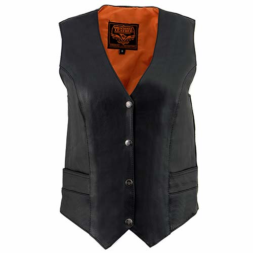 Milwaukee Leather ML1253 Women's Black Premium Leather V-Neck Motorcycle Rider Vest w/ Milwaukee Leather Logo Snaps Closure