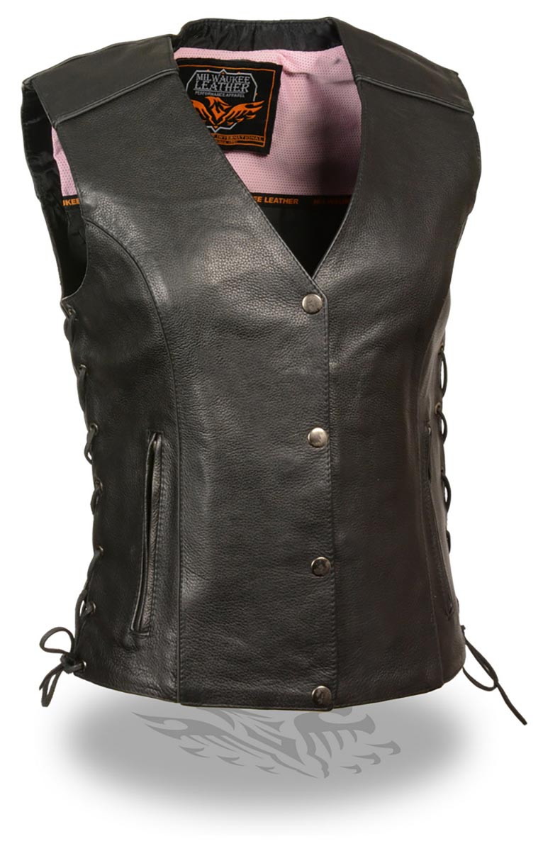 Milwaukee Leather ML1293 Women's Black and Pink ‘Wing Studded’ Leather Vest