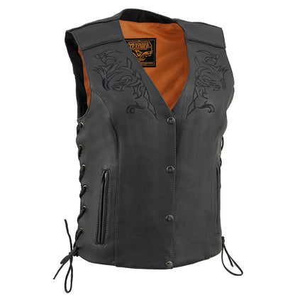 Milwaukee Leather ML1296 Women's Black Leather Side Lace Motorcycle Rider Vest- Reflective Piping and Black Skulls