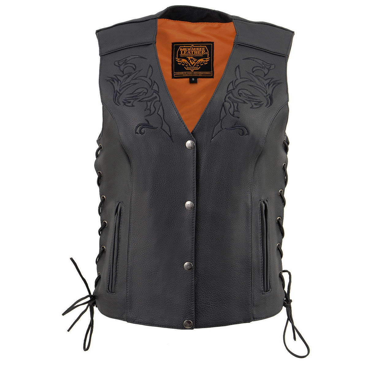 Milwaukee Leather ML1296 Women's Black Leather Side Laced Motorcycle Vest w/ Reflective Tribal