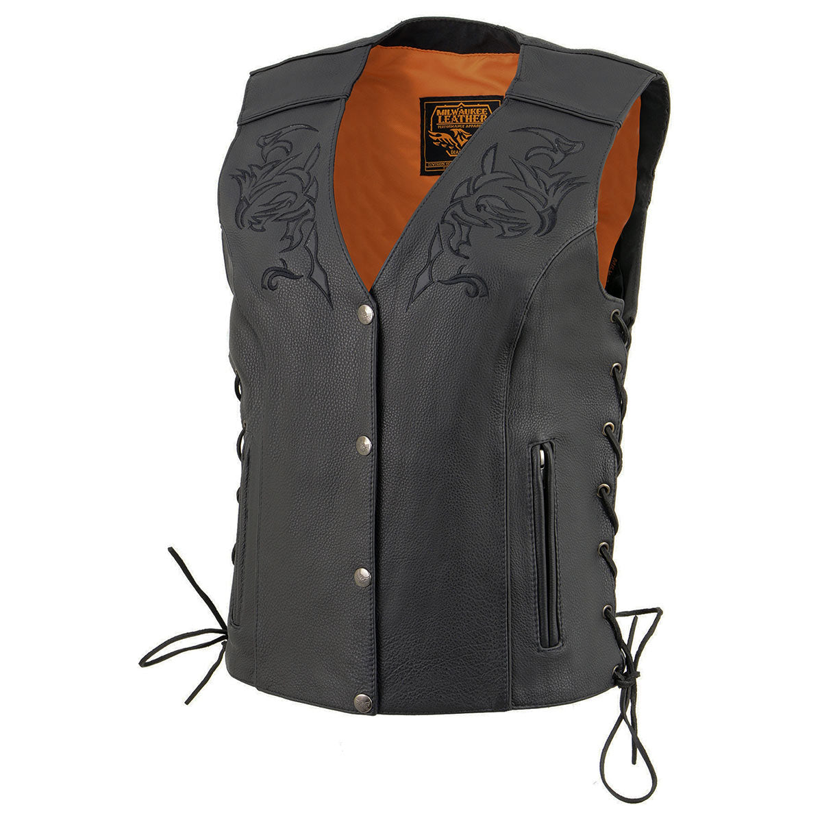 Milwaukee Leather ML1296 Women's Black Leather Side Laced Motorcycle Vest w/ Reflective Tribal