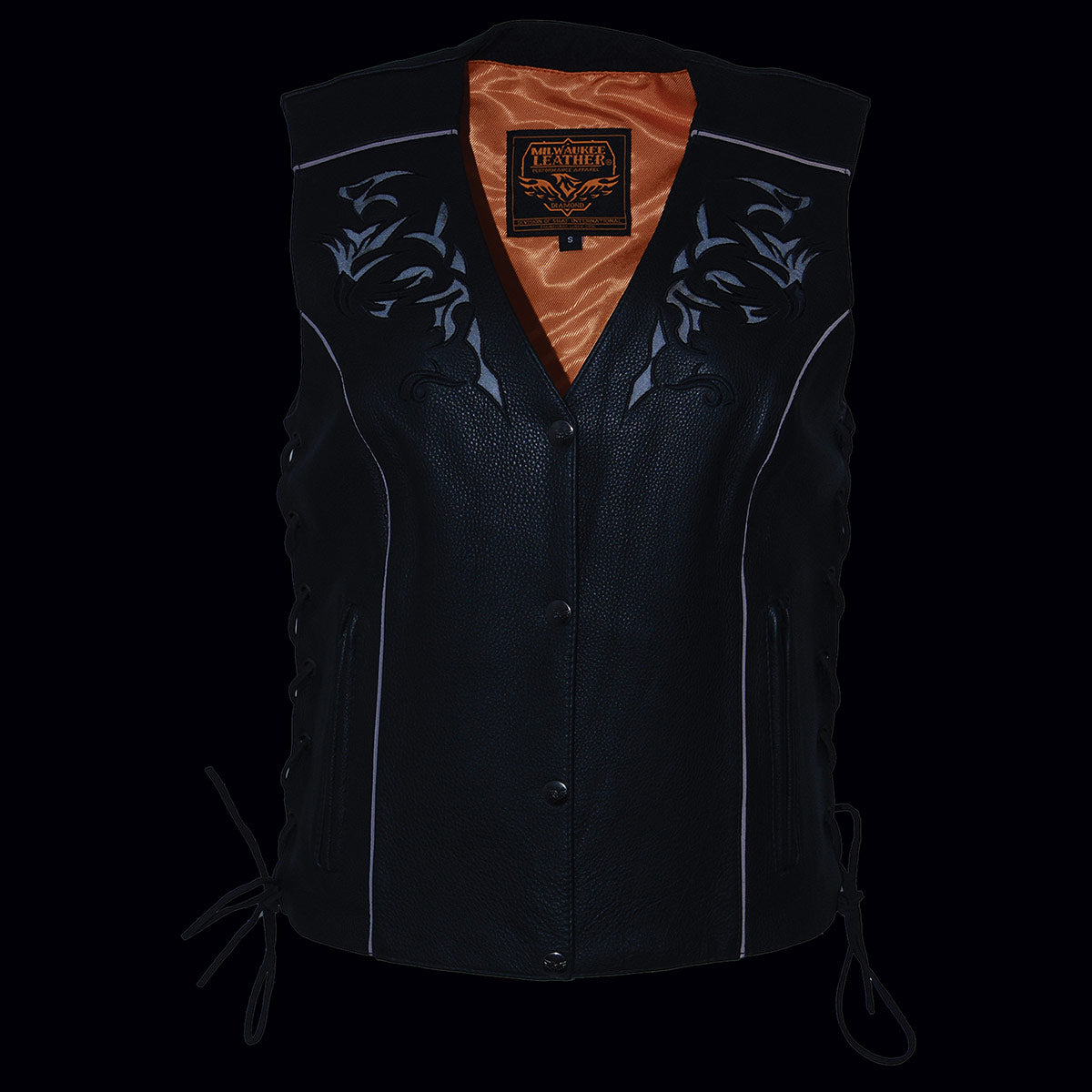 Milwaukee Leather ML1296 Women's Black Leather Side Lace Motorcycle Rider Vest- Reflective Piping and Black Skulls