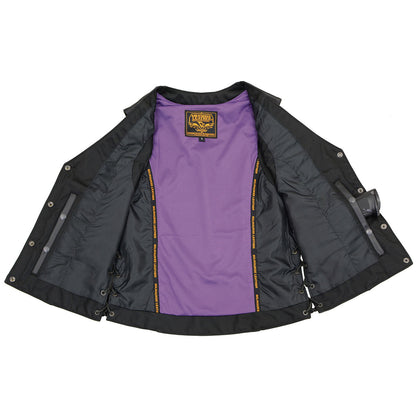 Milwaukee Leather ML1296 Women's Black Leather Side Lace Motorcycle Rider Vest- Reflective Piping and Purple Skulls