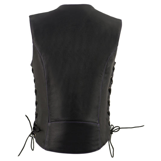 Milwaukee Leather ML1296 Women's Black/Purple Leather Side Laced Motorcycle Vest w/ Reflective Tribal