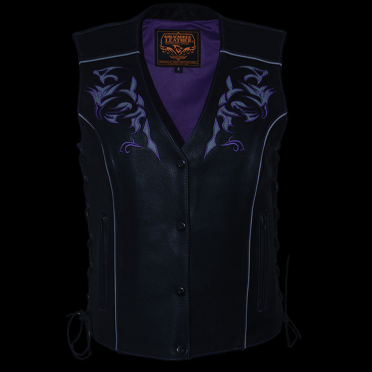 Milwaukee Leather ML1296 Women's Black/Purple Leather Side Laced Motorcycle Vest w/ Reflective Tribal