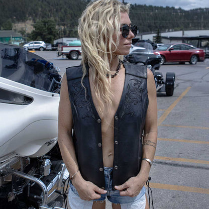 Milwaukee Leather ML1296 Women's Black Leather Side Laced Motorcycle Vest w/ Reflective Tribal