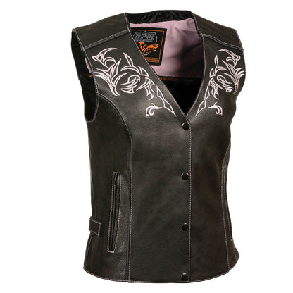 Milwaukee Leather ML1296 Women's Black and Pink Leather Side Lace Motorcycle Rider Vest- Reflective Piping and Black Skulls