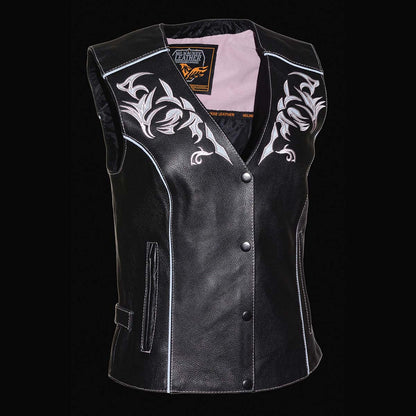Milwaukee Leather ML1296 Women's Black and Pink Leather Side Lace Motorcycle Rider Vest- Reflective Piping and Black Skulls