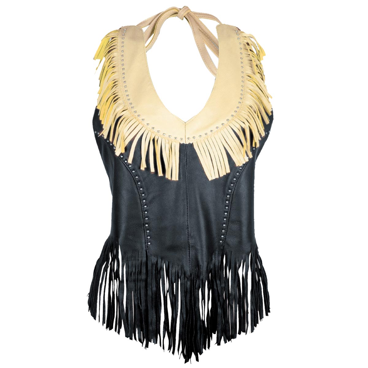 Genuine Leather ML1898 Ladies ‘Fringed’ Two Tone Black and Beige Leather Halter Top