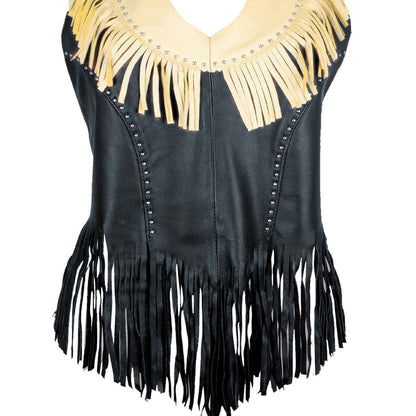 Genuine Leather ML1898 Ladies ‘Fringed’ Two Tone Black and Beige Leather Halter Top