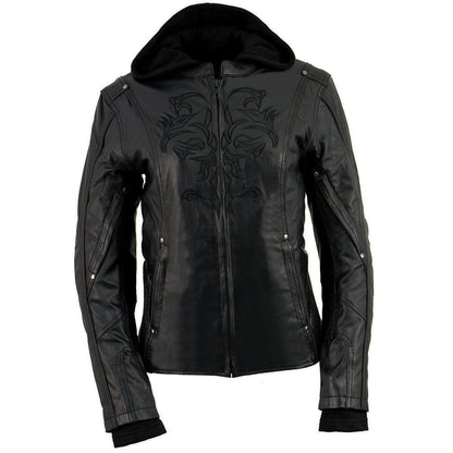 Milwaukee Leather ML2066 Women's 3/4 Black Leather Hoodie Jacket with Reflective Tribal Design