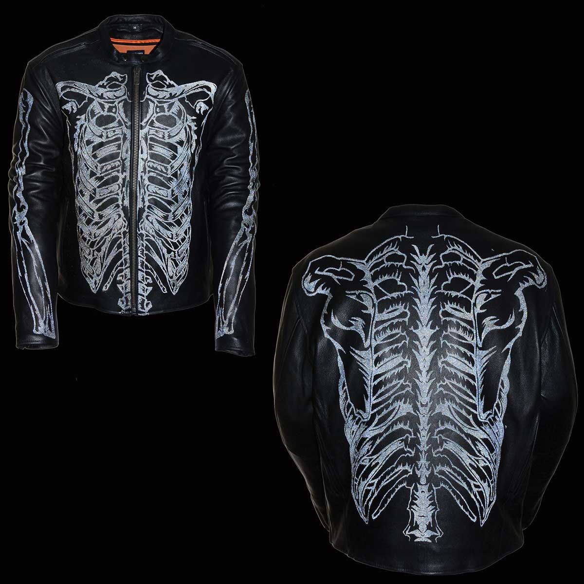 Milwaukee Leather ML2075 Men's Black Leather Jacket with Reflective Skeleton Bones