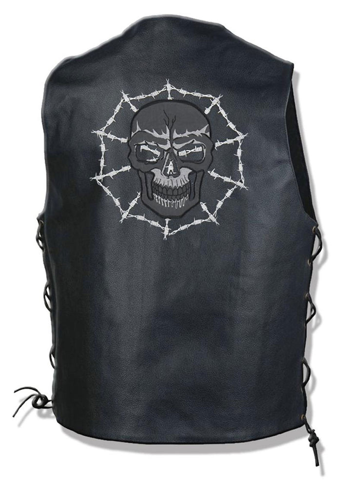 NexGen ML4391 Men’s ’10 Pocket’ Black Leather Vest with Back Spider Web Skull Embroidery