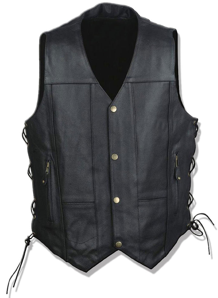 NexGen ML4391 Men’s ’10 Pocket’ Black Leather Vest with Back Spider Web Skull Embroidery