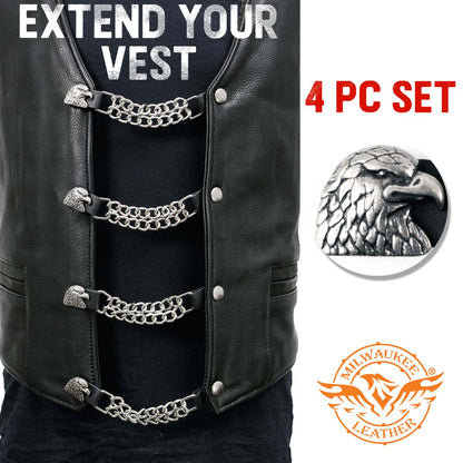 Milwaukee Leather Eagle Head Medallion Vest Extender - Double Chrome Chains Genuine Leather 6.5" Extension 4-PCS MLA6011SET