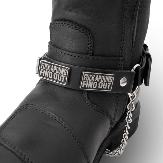 Milwaukee Leather Motorcycle Boot Chain – Silver Chain & Buckle, F‑Around – Find Out Text Accent - ML3009