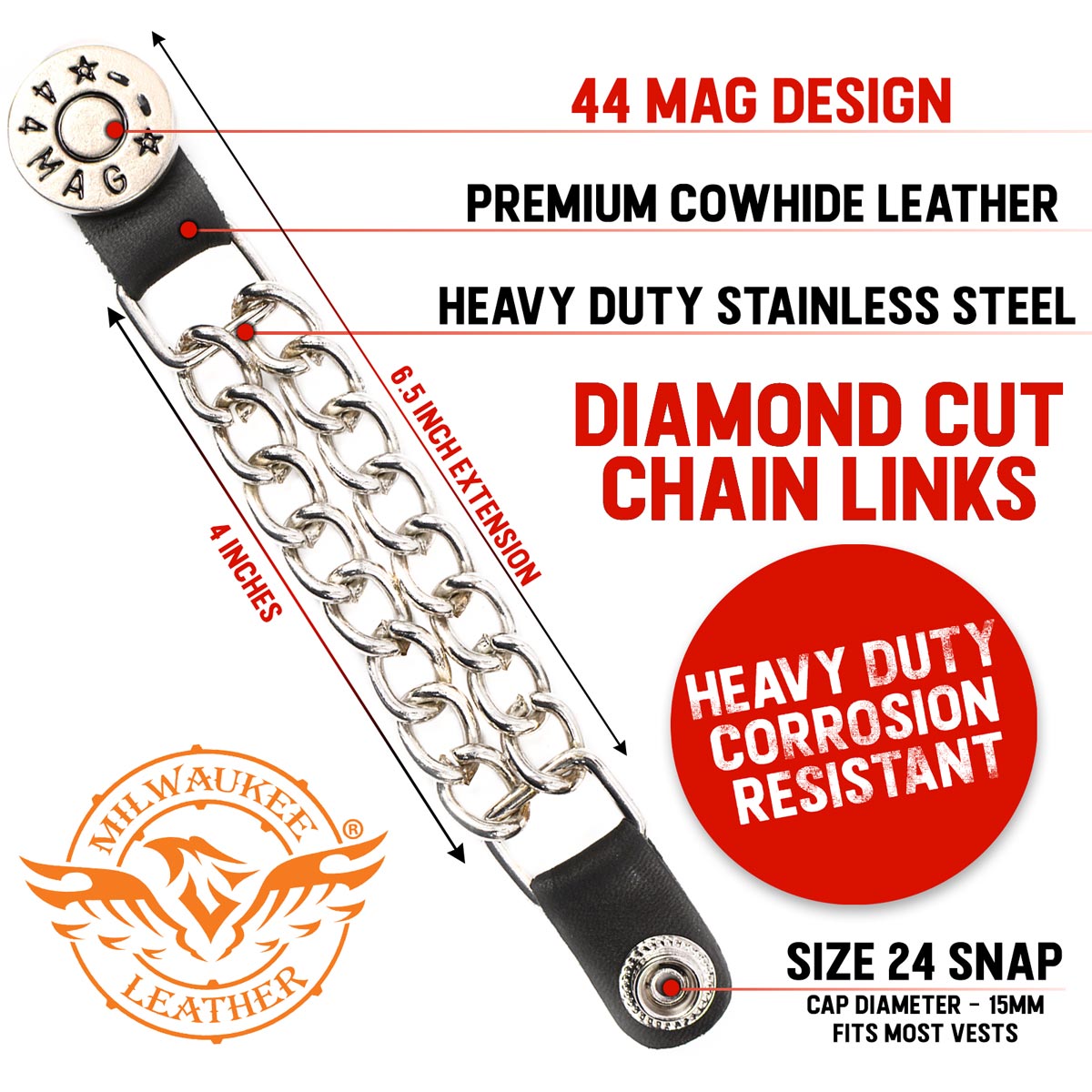 Milwaukee Leather 44-Magnum Dial Vest Extender Double Chrome Chains Genuine Leather 6.5" Extension 4-PCS MLA6002SET