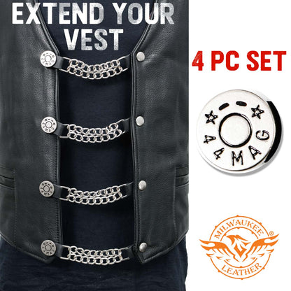 Milwaukee Leather 44-Magnum Dial Vest Extender Double Chrome Chains Genuine Leather 6.5" Extension 4-PCS MLA6002SET