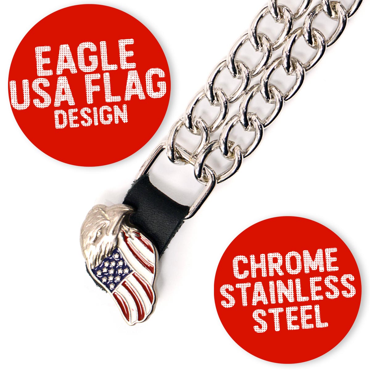 Milwaukee Leather Eagle Flag Medallion Vest Extender Double Chrome Chains Genuine Leather 6.5" Long 4-PC MLA6005SET