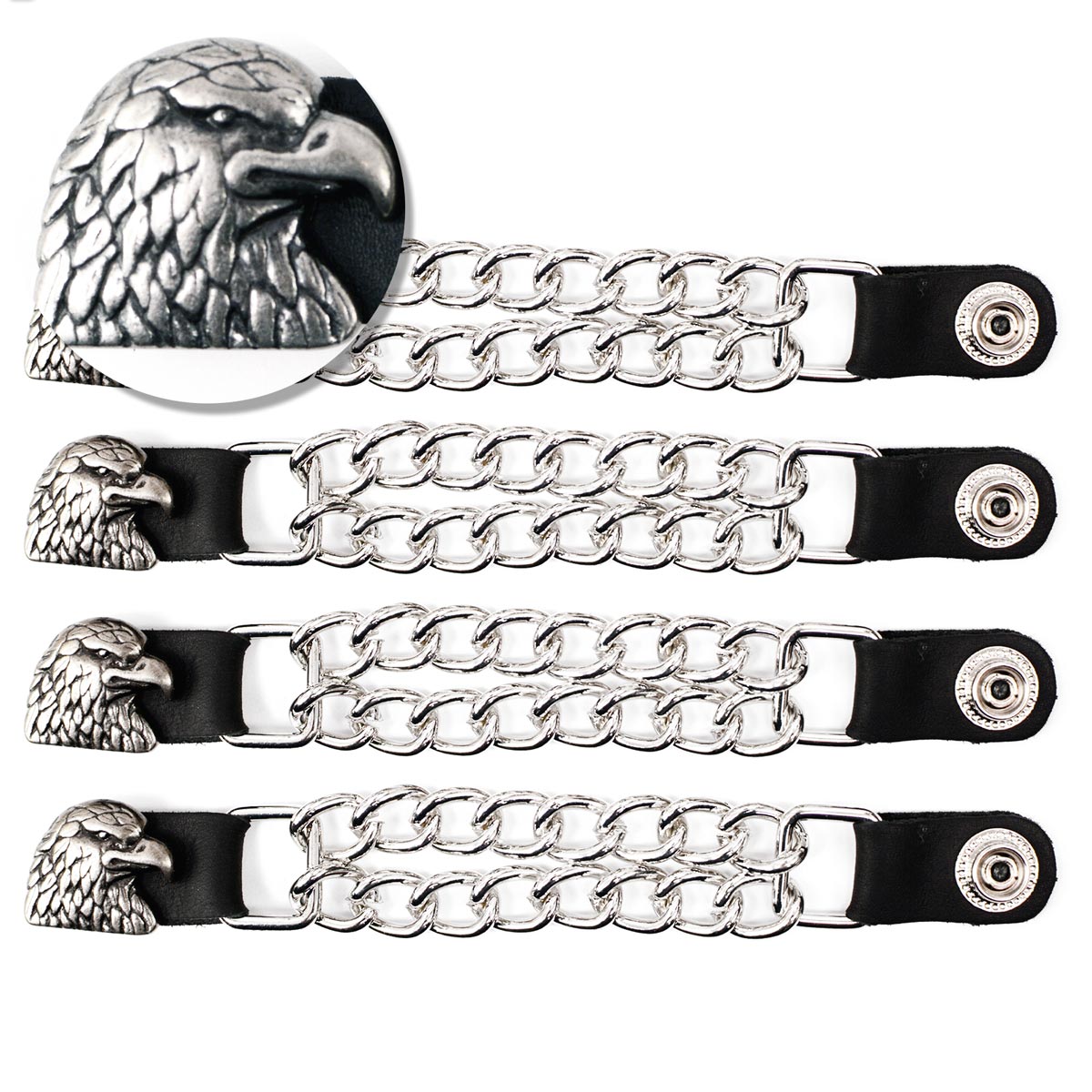 Milwaukee Leather Eagle Head Medallion Vest Extender - Double Chrome Chains Genuine Leather 6.5" Extension 4-PCS MLA6011SET