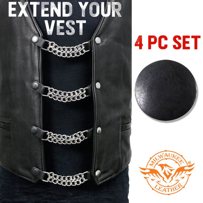 Milwaukee Leather Black Medallion Vest Extender - Double Chrome Chains Genuine Leather 6.5" Extension 4-PCS MLA6016SET