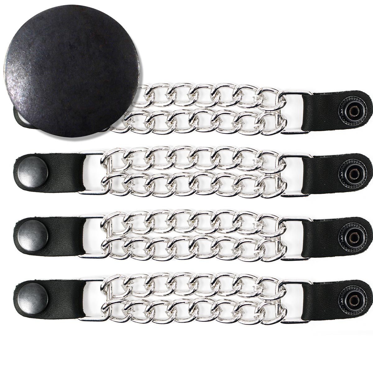 Milwaukee Leather Black Medallion Vest Extender - Double Chrome Chains Genuine Leather 6.5" Extension 4-PCS MLA6016SET