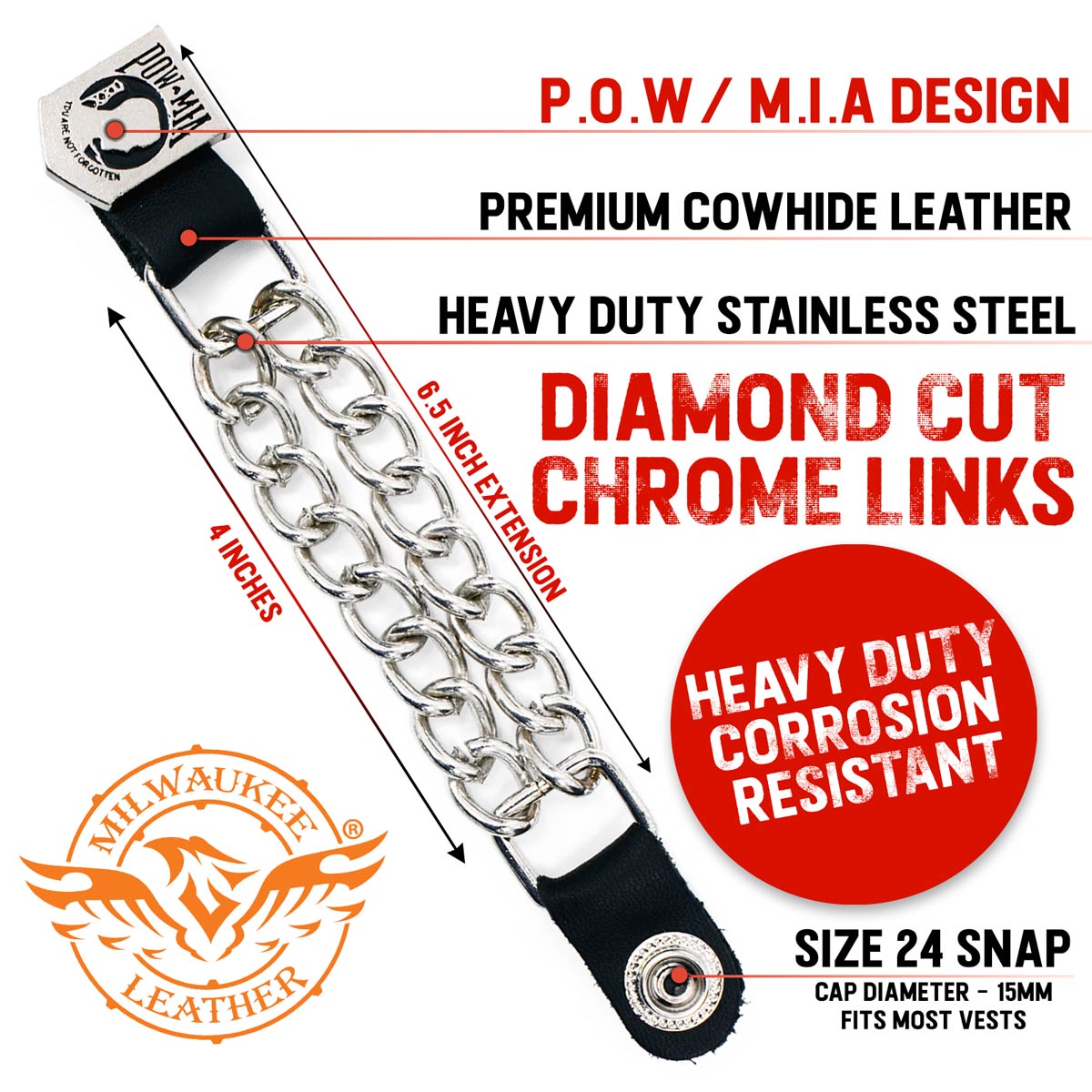 Milwaukee Leather POW/MIA Medallion Vest Extender - Double Chrome Chains Genuine Leather 6.5" Extension 4-PCS MLA6017SET