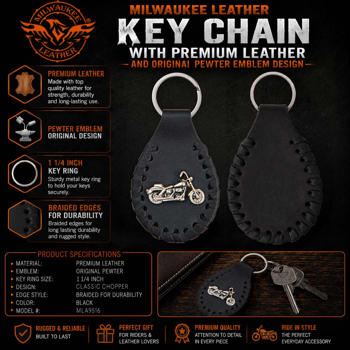 Milwaukee Leather Black Key Chain MLA9516