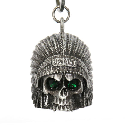 Milwaukee Leather MLB9039 'Native Skull with Green Eyes' Motorcycle Good Luck Bell | Key Chain Accessory for Bikers