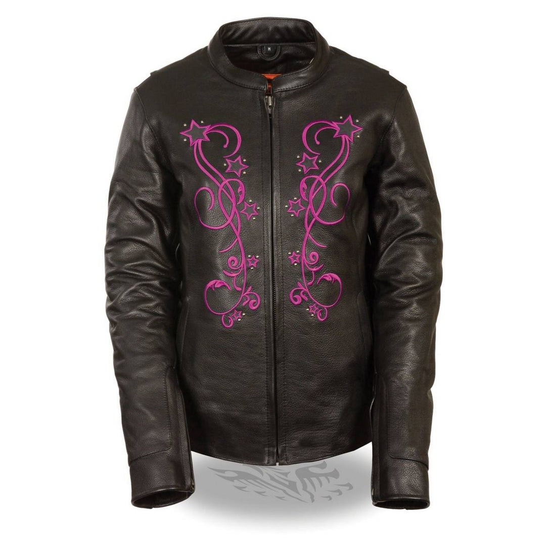 Milwaukee Leather MLL2500 Women's Black and Fuchsia Pink Leather Jacket with Embroidery