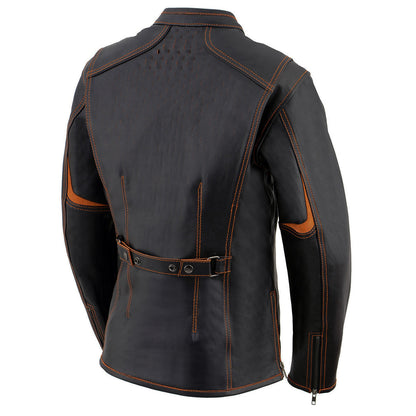 Milwaukee Leather MLL2502 Women's 'Laser Cut' Distressed Black and Orange Scuba Style Racer Jacket