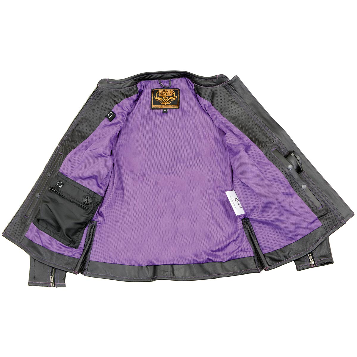 Milwaukee Leather MLL2502 Women's 'Laser Cut' Distressed Black and Purple Scuba Style Racer Jacket